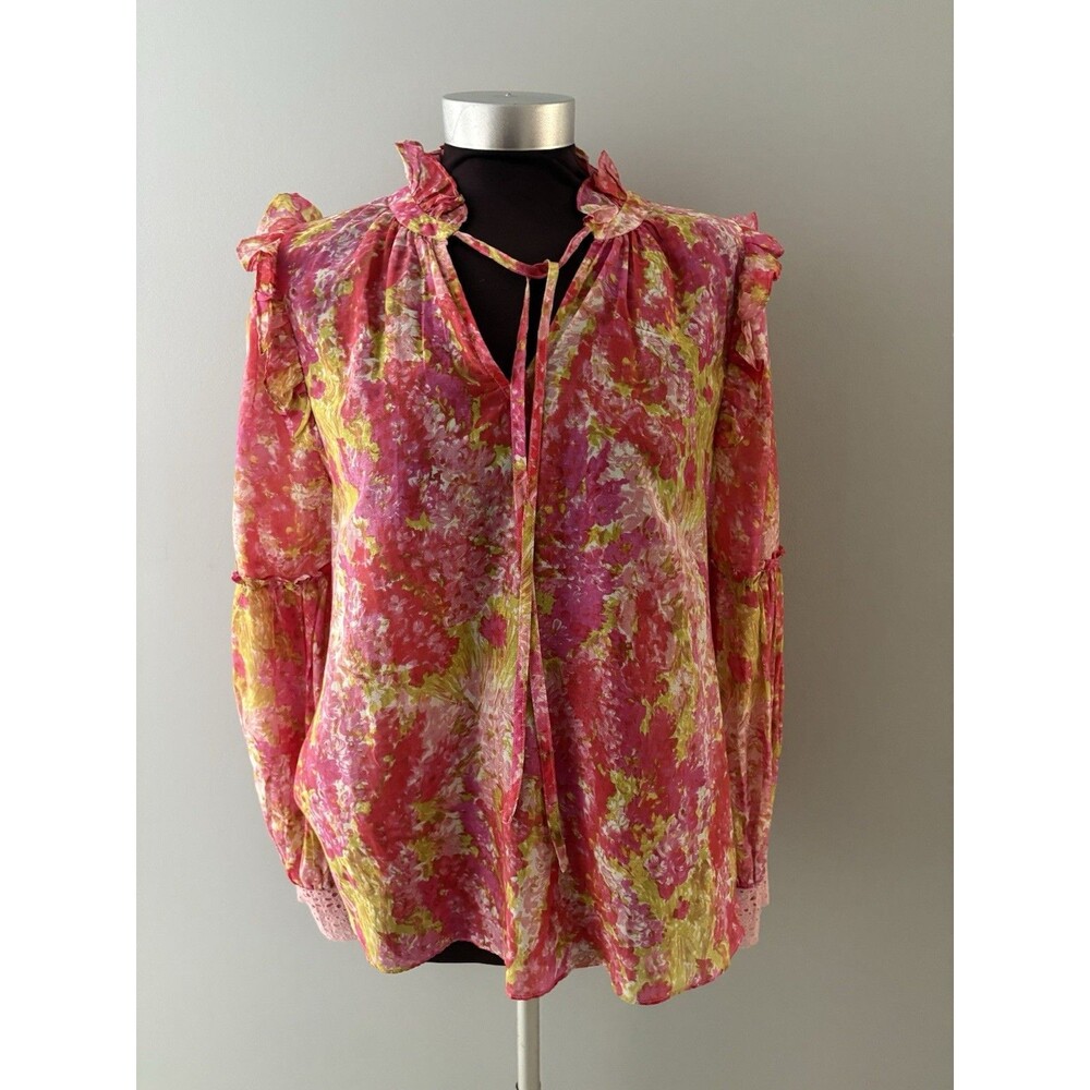 Love Shack Fancy Floral Blouse Size M Pink Yellow Ruffle Eyelet Ronaldo